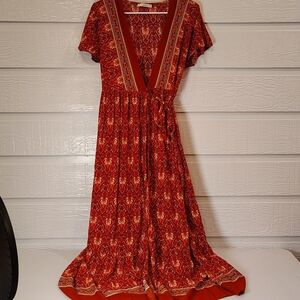 R. VIVAMOS WOMENS 2XL Maxi Wrap Dress Tie Short Sleeve V Neck BOHO PRARIE